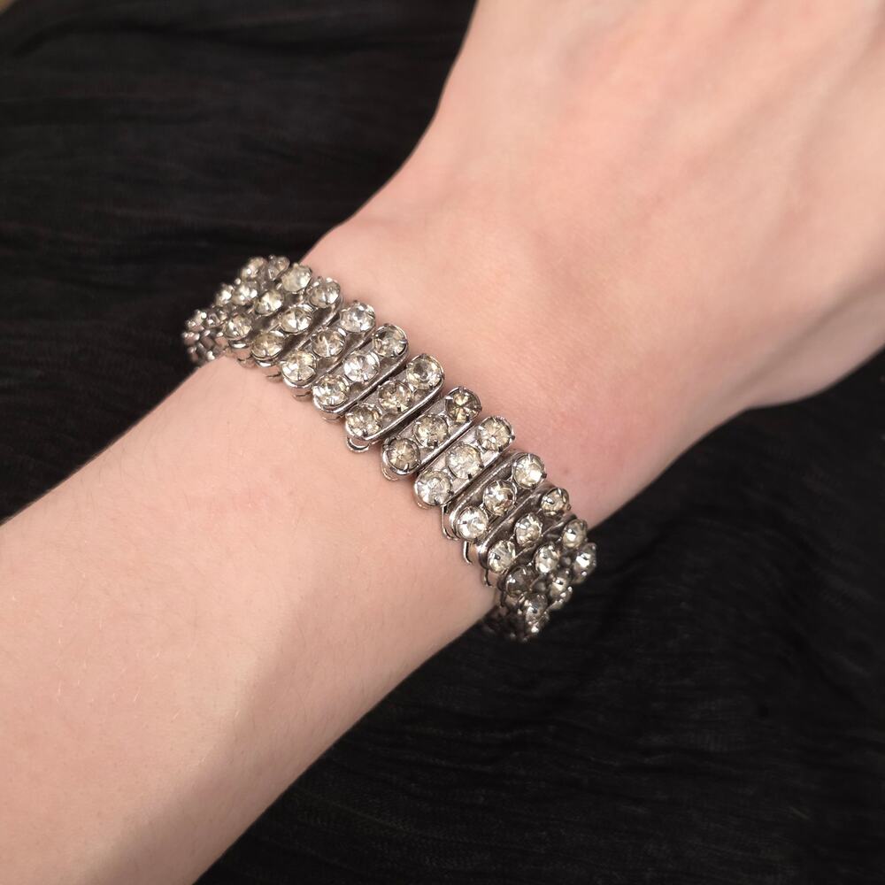 Vintage Rhinestone Expansion Bracelet Silver Tone Clear Crystal